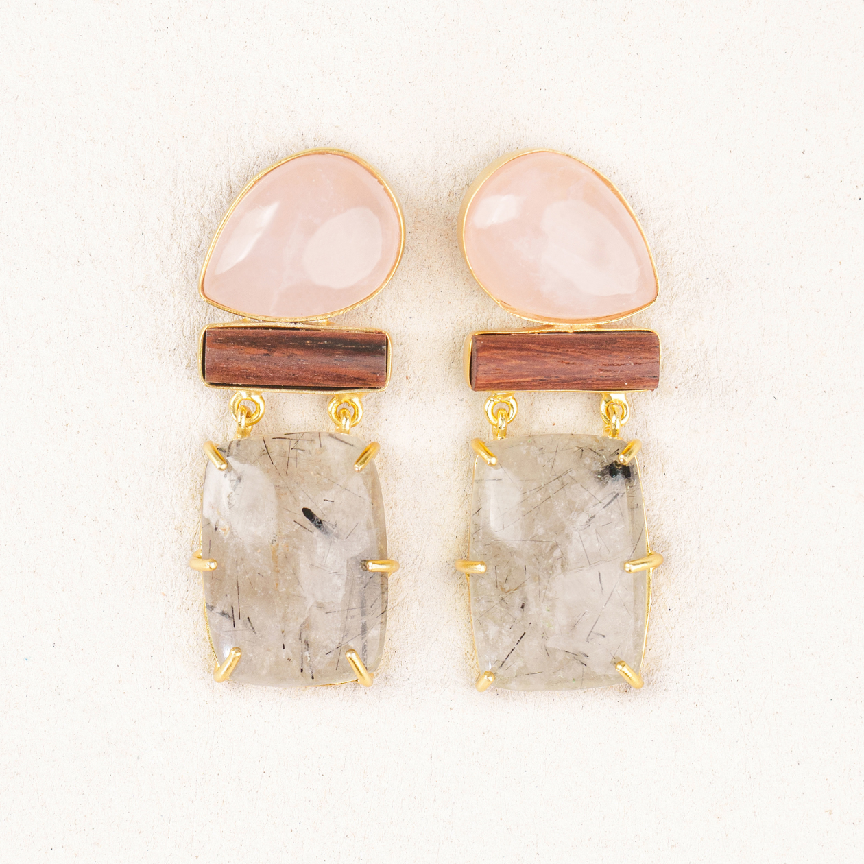 Nyra Earrings. Rose Quartz & Black Rhutile