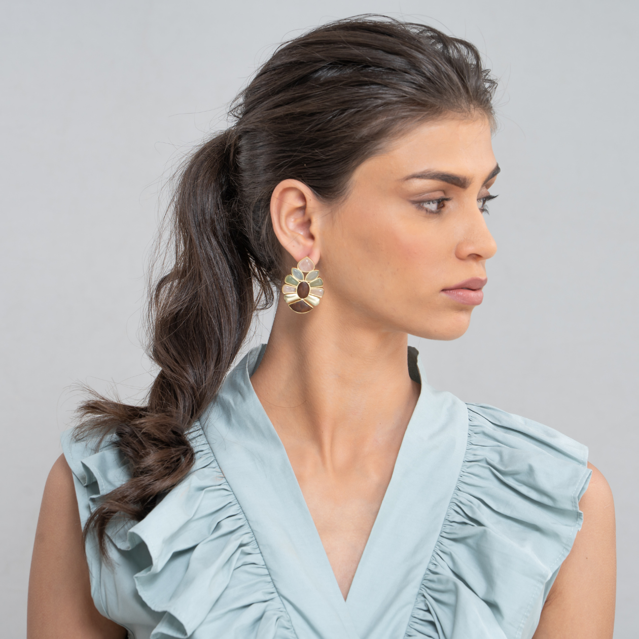Azalea Earrings. Rose Quartz & Blue Calsi