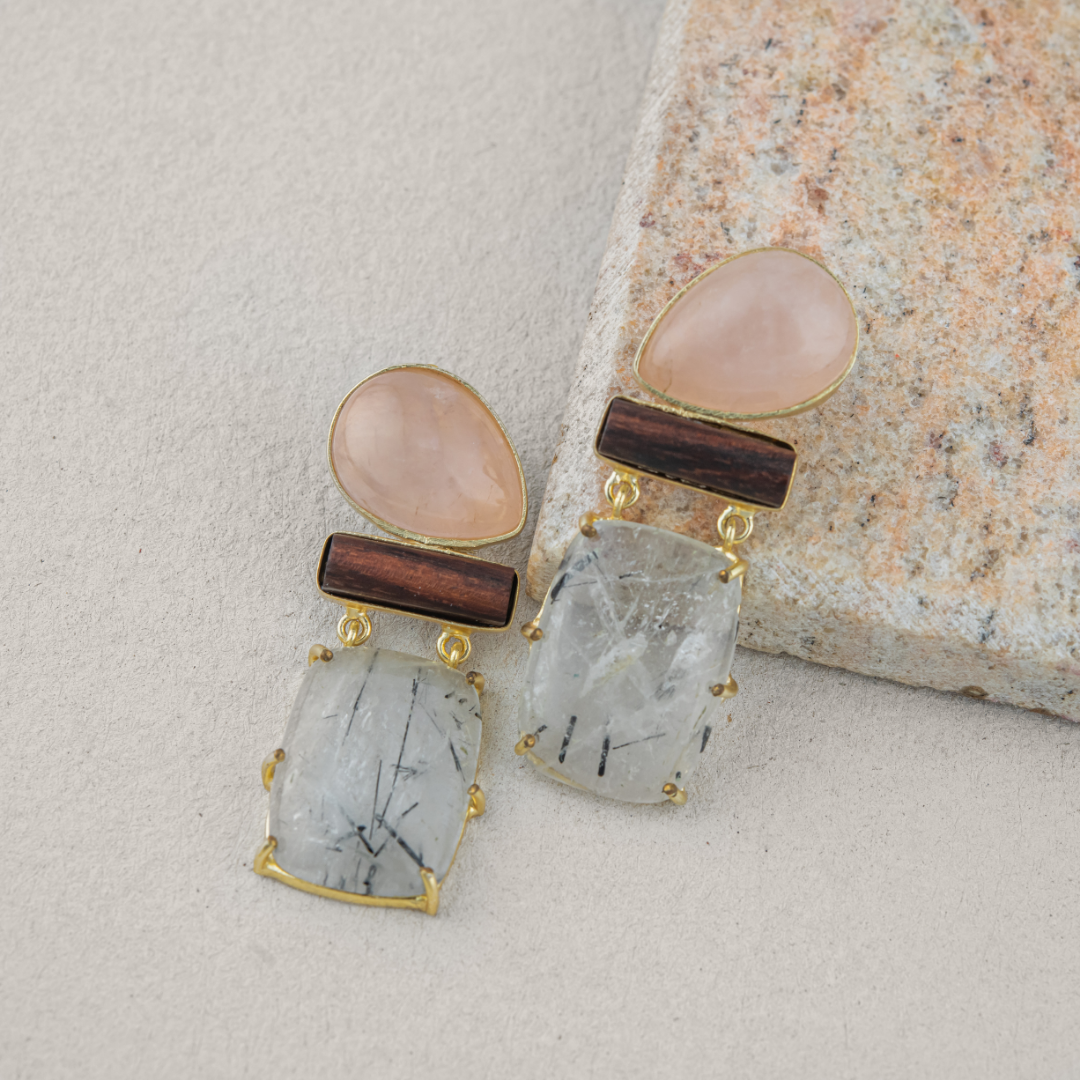 Nyra Earrings. Rose Quartz & Black Rhutile